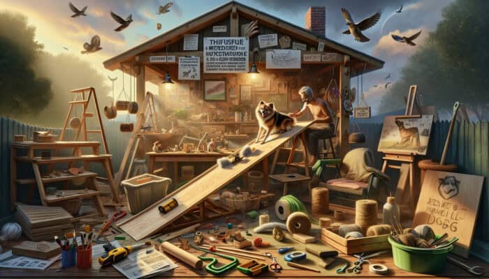 A smiling pet owner builds a DIY dog ramp using reclaimed wood and plywood in a cozy, sunlit workshop with affordable tools.