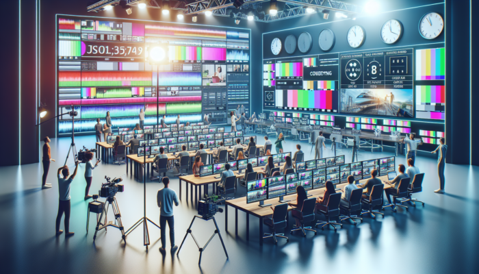 Busy Barnstaple video studio with creators using AI software to edit engaging social media reels on sleek screens, amid high-tech UK-standard equipment.