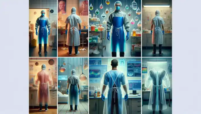 How Do I Dispose of Plastic Aprons Safely: Vibrant UK scenes: Chef in disposable plastic apron in busy kitchen, healthcare worker in reusable apron in sterile facility, lab technician in high-tech environment, highlighting eco-friendliness.