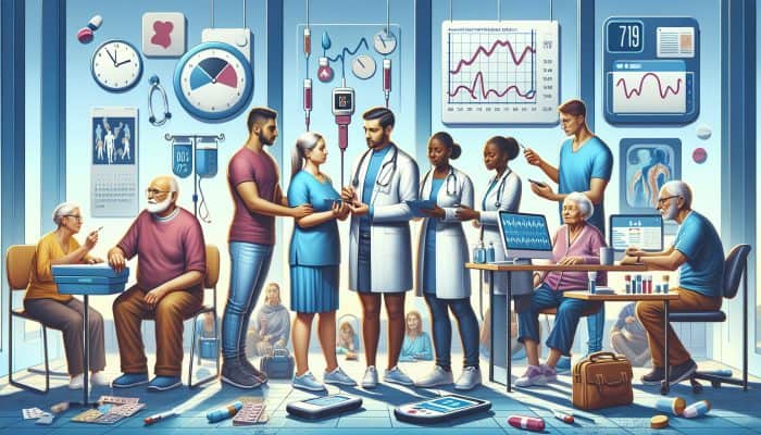 A doctor in a UK clinic guides diverse patients through diabetes blood tests using monitors, calendars, and tracking charts.