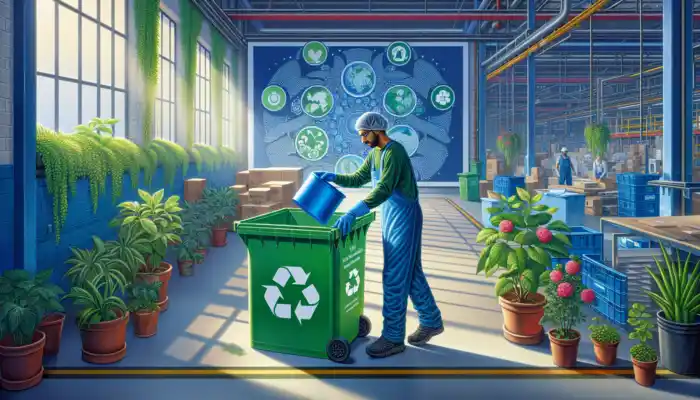 A UK worker in a factory wears blue disposable oversleeves while dropping a used one into a green recycling bin, surrounded by plants and eco-posters.