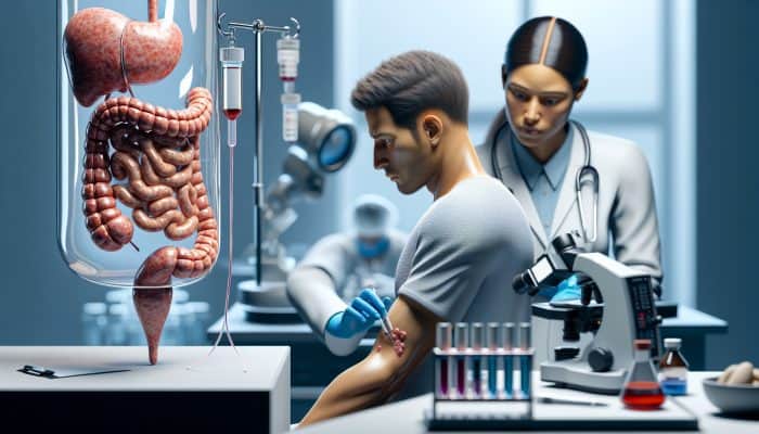 Detailed illustration of UK coeliac testing: doctor drawing blood, technicians analysing samples, and labelled small intestine diagram.