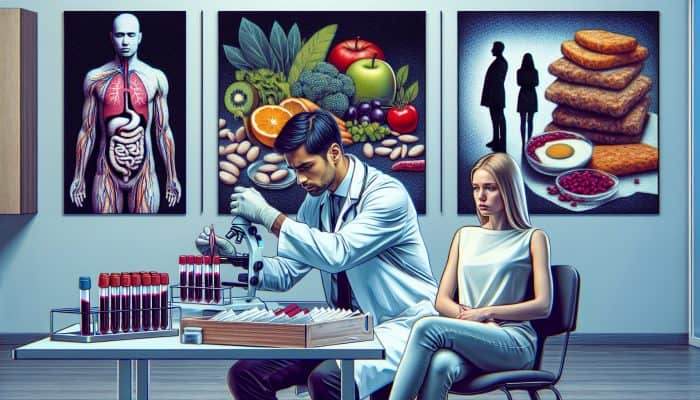 Doctor in a contemporary UK clinic examining blood samples for coeliac disease, with a relieved patient and symbols of balanced meals highlighting accurate healthcare.