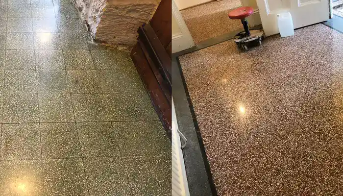 Comparison showing a terrazzo floor after cleaning, light polishing, and full restoration