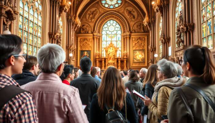 A diverse group of people on a guided tour inside an ornate historical church, admiring stained glass windows and architecture while listening to a guide share stories about the church's historical significance and social impact.