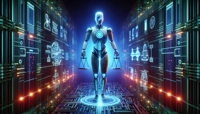 A glowing humanoid robot AI navigates a digital maze of firewalls, ethical scales, and tangled wires in a neon cyber lab.