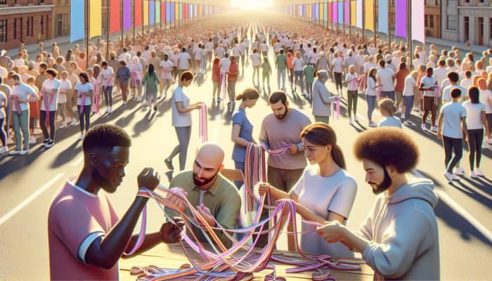 Diverse participants braiding colourful ribbons at a charity walk, with organizers gathering feedback surveys and reviewing success charts under a sunny sky.