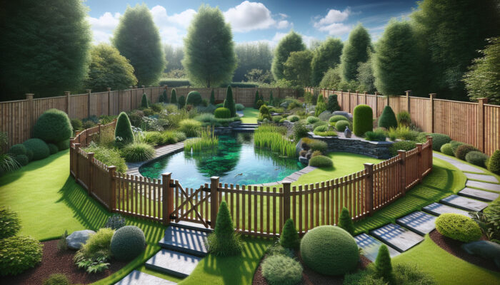 A well-maintained UK garden with sturdy wooden fences, a clear pond with safety barriers, and neat stone paths under a sunny sky.