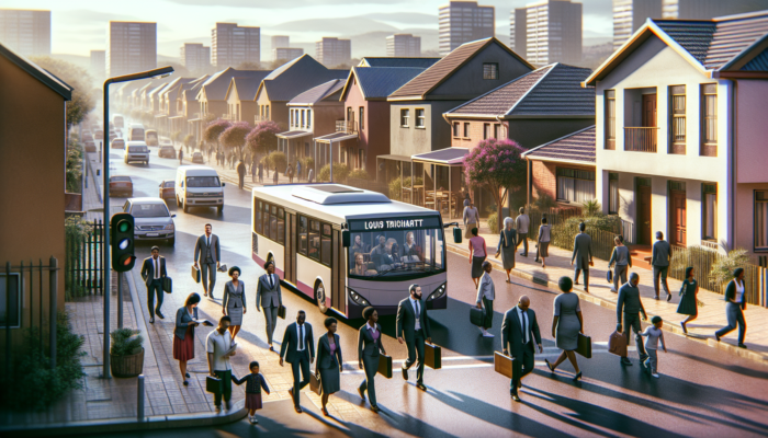 In Louis Trichardt, professionals board a bus while families walk near affordable homes and a vibrant train station under sunny skies.