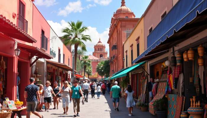 Bustling street in San Miguel de Allende with colorful colonial boutiques, tourists browsing handmade crafts under sunny skies and historic architecture.