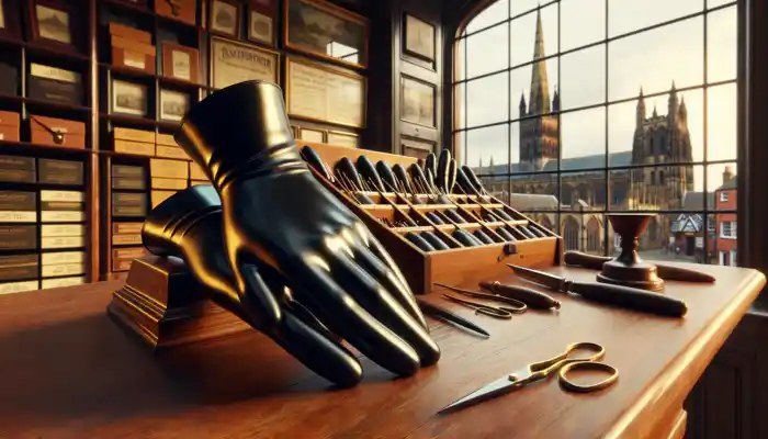 Black latex gauntlet gloves displayed on a wooden counter in a historic shop in Lichfield, with a cathedral spire visible through the illuminated window.