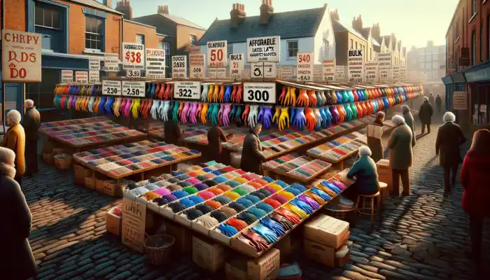 A lively market stall in Lichfield showcases affordable latex gauntlet gloves with discount signs as shoppers compare prices under bright sunny skies.