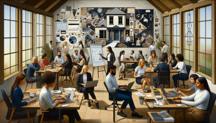 Busy entrepreneur in Cirencester office juggles laptop with blank blog post; team brainstorms ideas at whiteboard.