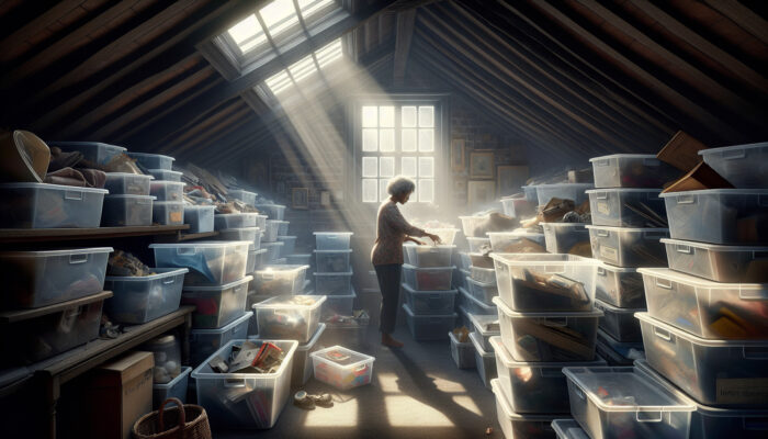 In a cluttered British attic, a person sorts items into clear bins labeled keep, donate, sell, and discard, with sunlight through dusty windows.