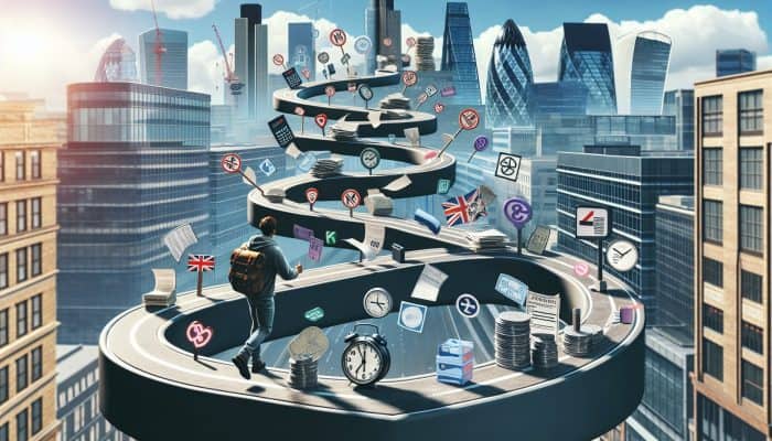 Debt Consolidation for Council Tax Arrears: Key Strategies | DCL Determined person navigates winding path in bustling UK city, surrounded by clocks, loan documents, and stamps, symbolizing variable debt consolidation timelines.