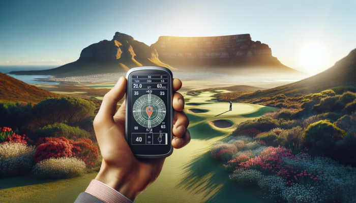 Golfer holding sleek GPS device on sunny South African course, displaying maps amid rolling fairways, Table Mountain, and wildflowers.