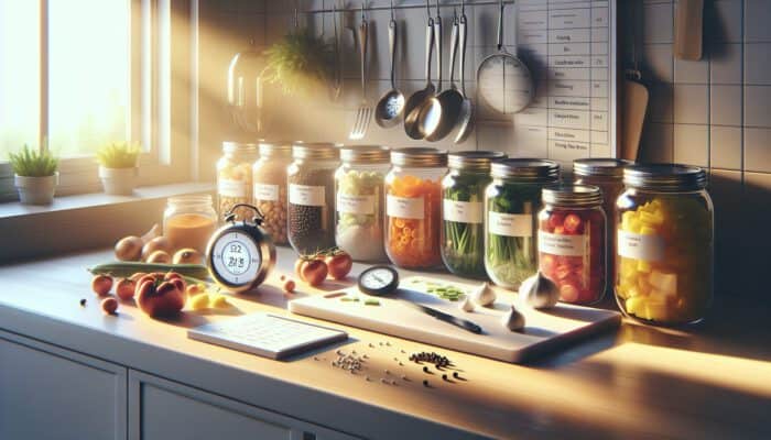 An organised kitchen counter featuring fresh ingredients in labelled jars, chopped vegetables on a cutting board, a ticking timer, and a recipe list illuminated by warm light.