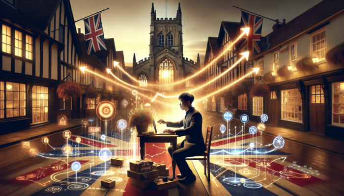 An analyst in historic Shaftesbury, UK, examining a glowing dashboard with ascending graphs that represent social media ROI metrics alongside British flags.