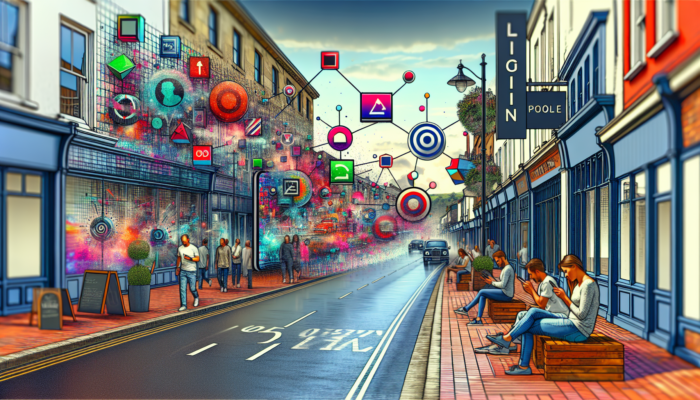 Bustling street in Poole with a small business storefront, featuring targeted digital ads on smartphones and billboards via Facebook and Google icons.