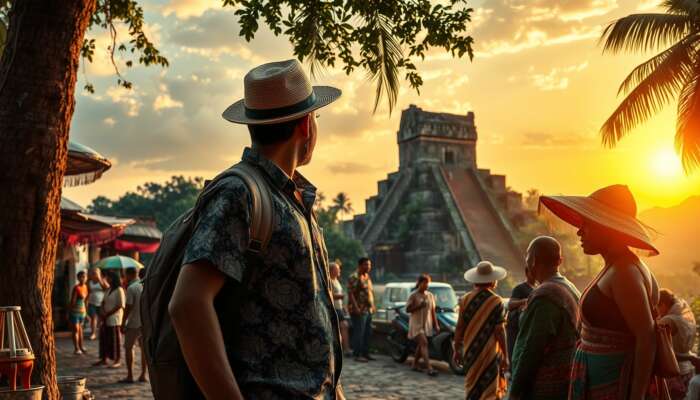 A traveller in Belize converses with locals in vibrant traditional attire amid bustling markets, rainforests, ruins, and a golden sunset.
