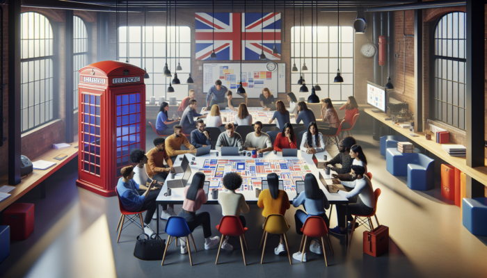 Diverse team collaborating in a modern Yate, UK, design studio, sketching website ideas on laptops with Union Jack flags and red phone booths.