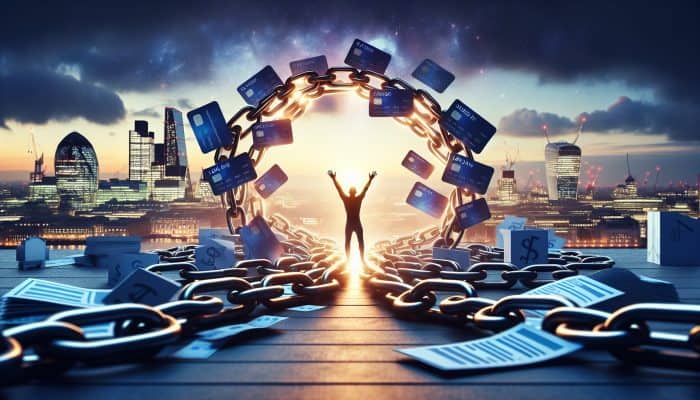 Debt Consolidation for Store Card Balances: Key Tips | DCL Debt Consolidation for Store Card Balances: Person breaking free from tangled store card chains into a glowing loan path, symbolising UK debt consolidation under London skyline at dusk.