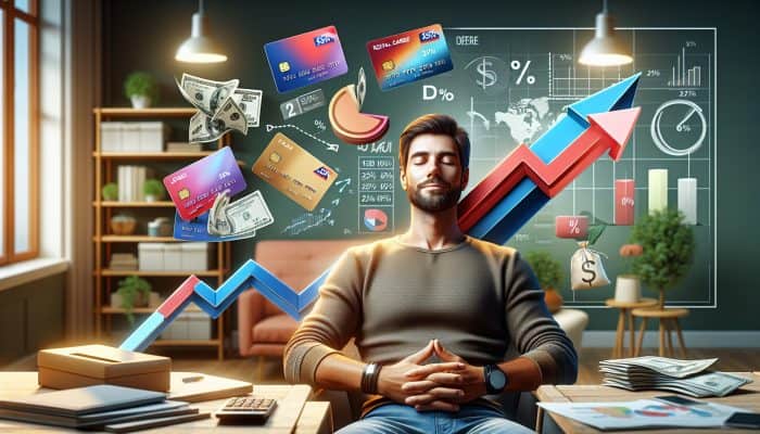 Debt Consolidation for Store Card Balances: Key Tips | DCL UK person in cozy office consolidates colorful store cards into loan; graphs show rates dropping from 25% to 10%, symbolising financial freedom.