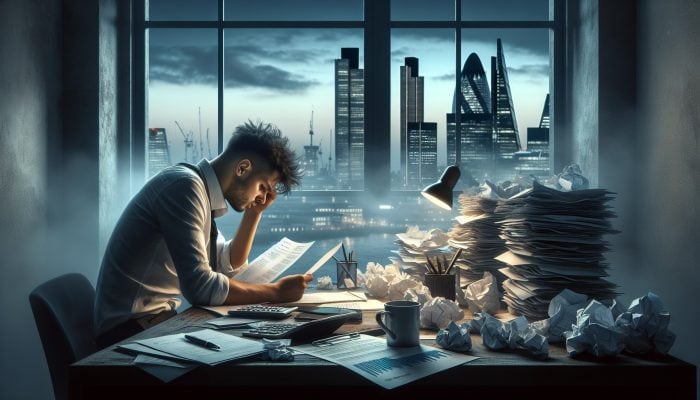 Stressed individual reviewing documents at a cluttered desk with bills, transitioning to a serene scene of financial freedom with ledgers and London skyline at dusk.