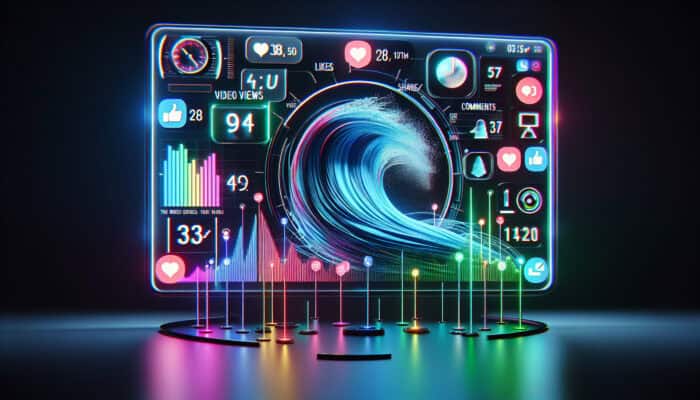 A vibrant digital dashboard showing a surging graph of video views, colorful icons for likes, shares, and comments, and a ticking watch time clock with neon visualizations.