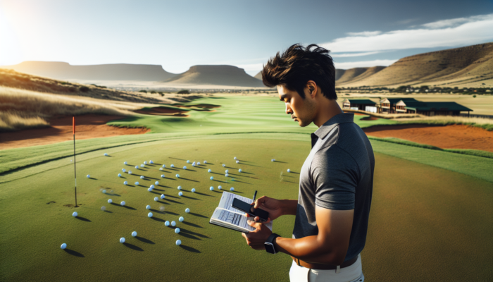 A golfer in Bloemfontein analyzes data on a smartphone app while practicing drills on a sunny fairway, holding a notebook amid greens and hills.