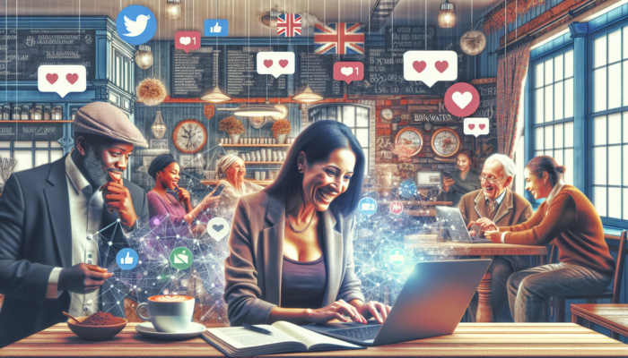 Small UK business owner in Bridgwater manages social media on a laptop in a cosy cafe, engaging diverse customers online.
