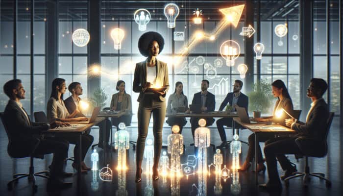 Confident leader delegates tasks to diverse team in dynamic office, with glowing light bulbs and rising growth charts symbolizing innovation and growth.