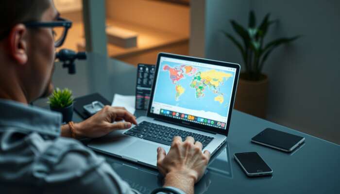 A traveler at a sleek desk organises vacation logistics on a laptop, showing flight bookings, hotel reservations, and a colourful itinerary map.