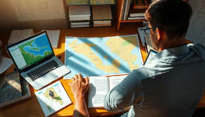 A traveler researches Belize at a sunlit desk, surrounded by vibrant maps, open laptops featuring forums, and books on local customs.
