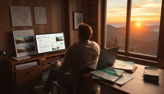 A traveller in a comfortable room sits at a desk with a laptop displaying hotel options, surrounded by maps and a beautiful mountain sunset view.
