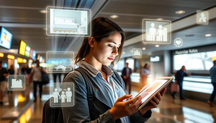 A traveller in a busy airport lounge reads hotel reviews on a tablet, surrounded by holographic images of pristine rooms and friendly staff.