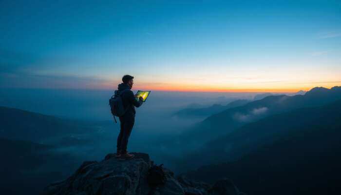 A solo traveler stands on a misty mountain peak at dawn, checking a glowing map and watch, with a serene valley below.