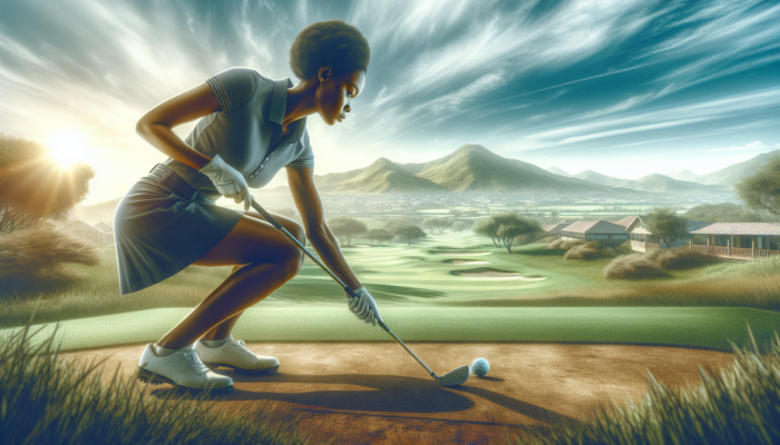 Thandi Nkosi, South African golfer, practices chipping and putting on lush fairways at Kokstad Golf Club, amid rolling hills and blue sky, focused.