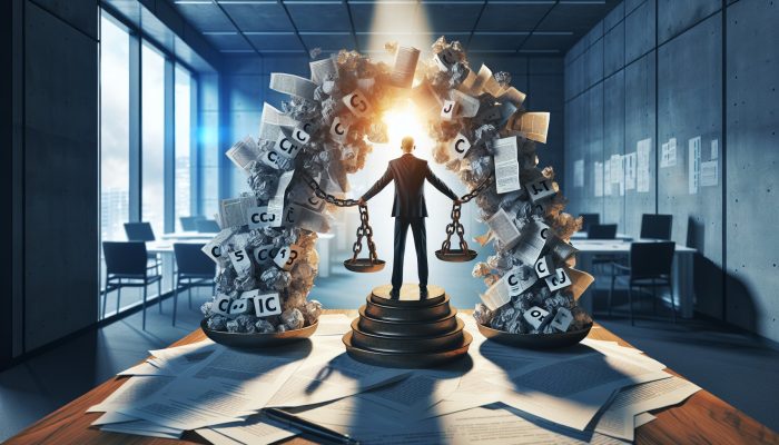 Can Debt Consolidation Clear Old CCJ Debts: Key Facts | DCL Person in a modern office breaking free from chains of crumpled CCJ documents, symbolizing debt consolidation, with a beam of light on a balanced financial scale.