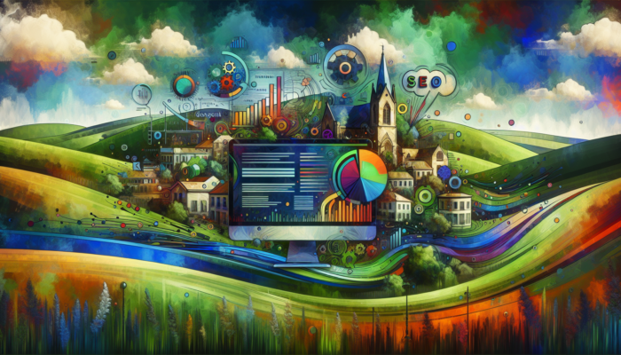 Website Design for Kingswood Small Businesses: Vibrant illustration of a responsive website for a Kingswood business, transitioning from desktop to mobile, with SEO icons and scenic hills background.