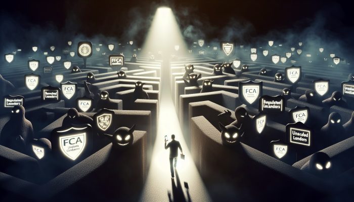 Debt Consolidation After Redundancy Or Job Loss | DCL A cautious UK individual navigates a foggy financial maze, dodging shadowy lenders and following a glowing path with FCA and HMRC symbols.