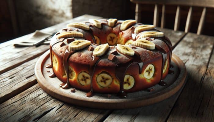 Close-up of a homemade cake on a rustic wooden table, featuring ripe banana slices, chocolate drizzle, and a moist texture under soft lighting.