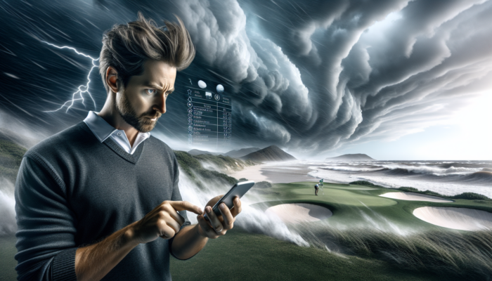 A determined golfer in South Africa checks a golf app on his smartphone amid windy rain, with ocean waves, green fairways, and stormy skies.