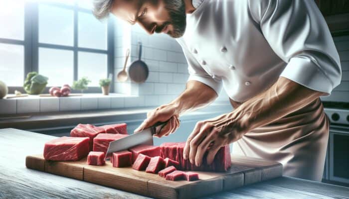 A skilled chef trims fat from raw beef chuck on a wooden board, slicing into uniform 1-1.5 inch cubes in a sunlit kitchen.