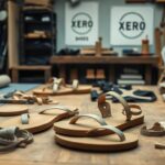 An image of a workshop table filled with unfinished sandals and leather straps, showcasing the origins of Xero Shoes. Fabric rolls, tools, and patterns are scattered around as artisans work under “Xero Shoes” posters on the back wall.