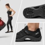 A collage of images featuring a woman in black athletic wear and Xero Shoes, standing and squatting. Close-ups of the shoes from the side and bottom highlight her ankle, emphasizing improved posture in one image.