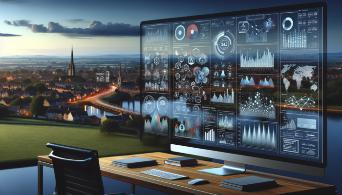 Dynamic dashboard in a modern office displaying colourful graphs of analytics metrics and audience feedback surveys against the Sherborne skyline.