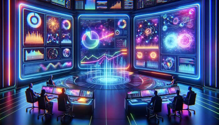Futuristic command center with AI visualising SEO data on holographic screens, marketers analysing trends amid neon graphs.