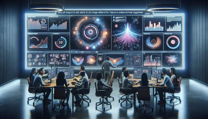 A diverse team in a modern studio analyses infographic videos on large screens, surrounded by glowing analytics charts and feedback notes for refinement.