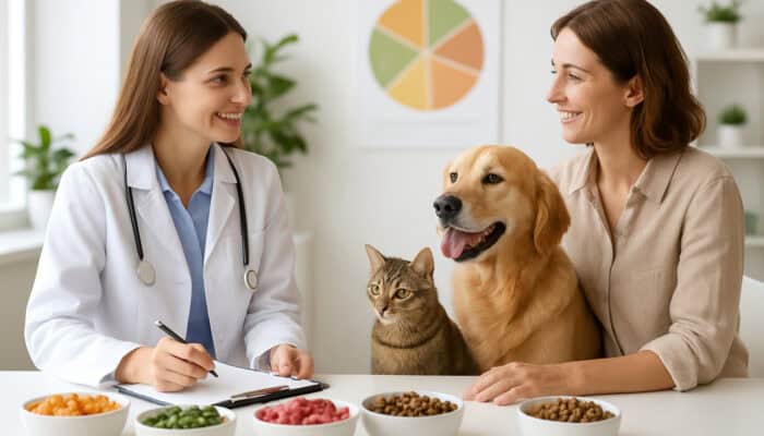 Nutritionist consulting pet owner on healthy diets in clinic with food bowls, charts, and playful pets.